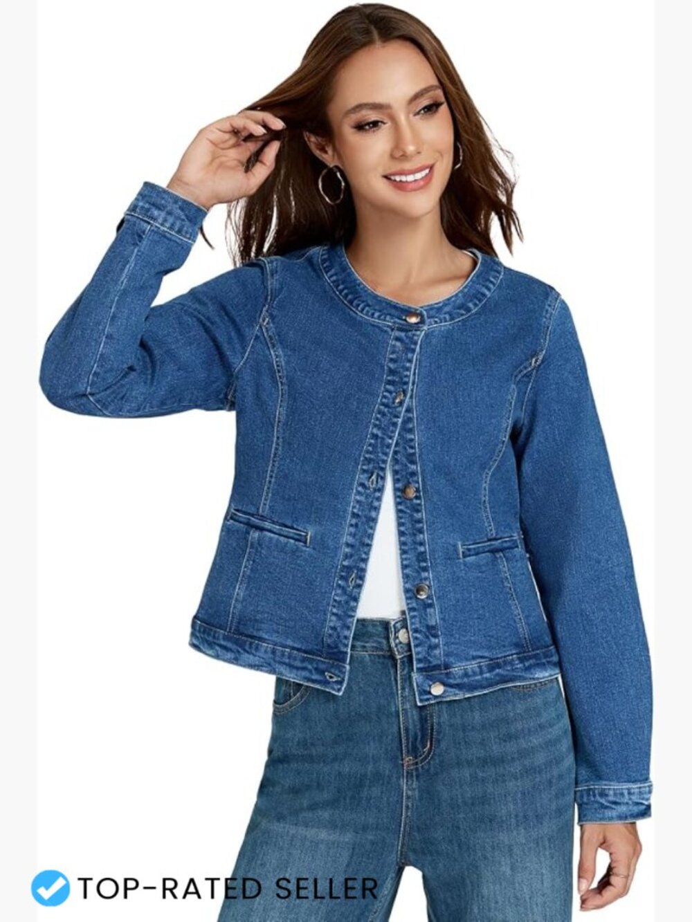 Cropped Denim Jacket Women Stretch Collarless Jean Jacket Slim Fit Lightweight